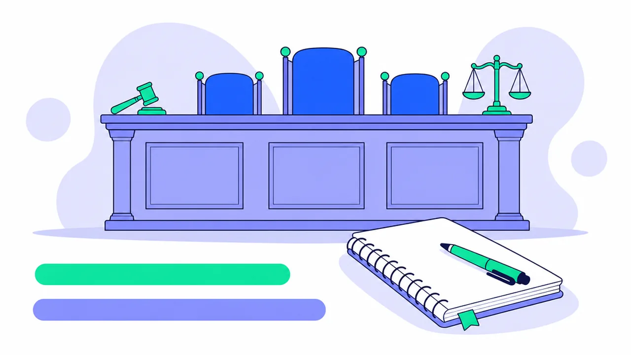 Illustration of an empty judge’s bench with three chairs, a gavel and scales of justice, a spiral notebook with a green pen, and two subtitle bars