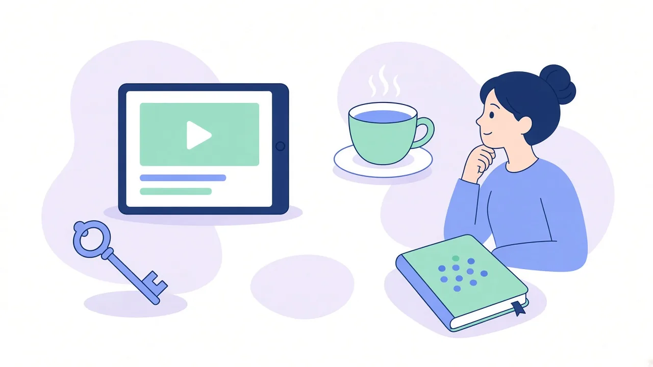 A tablet showing a video with two subtitle bars, an old key, a cup of tea on a saucer and a woman resting her chin on her hand next to a notebook with dots on the cover