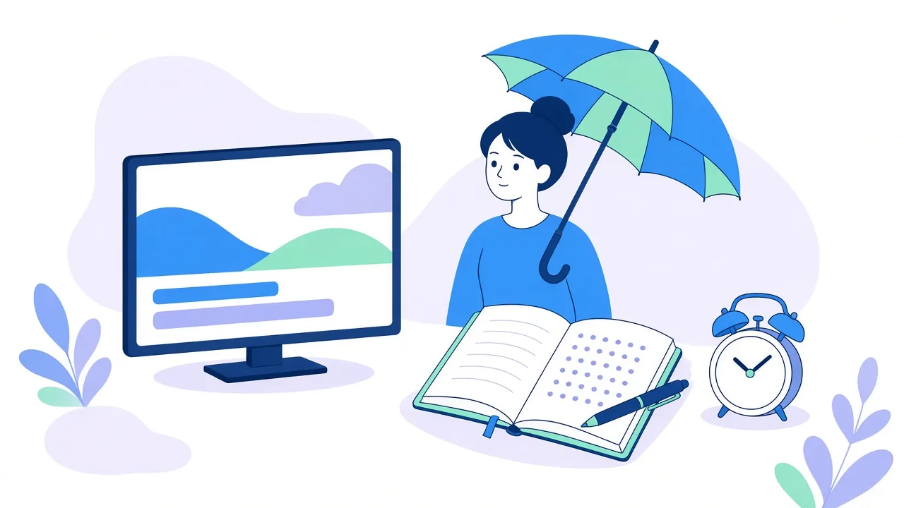 A woman holding an open umbrella sits behind an open notebook with rows of dots and a pen, next to a screen with subtitle bars and an alarm clock