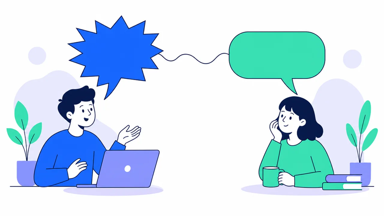 Two people at separate desks, a jagged speech bubble above one and a rounded speech bubble above the other, joined by a calm wavy line