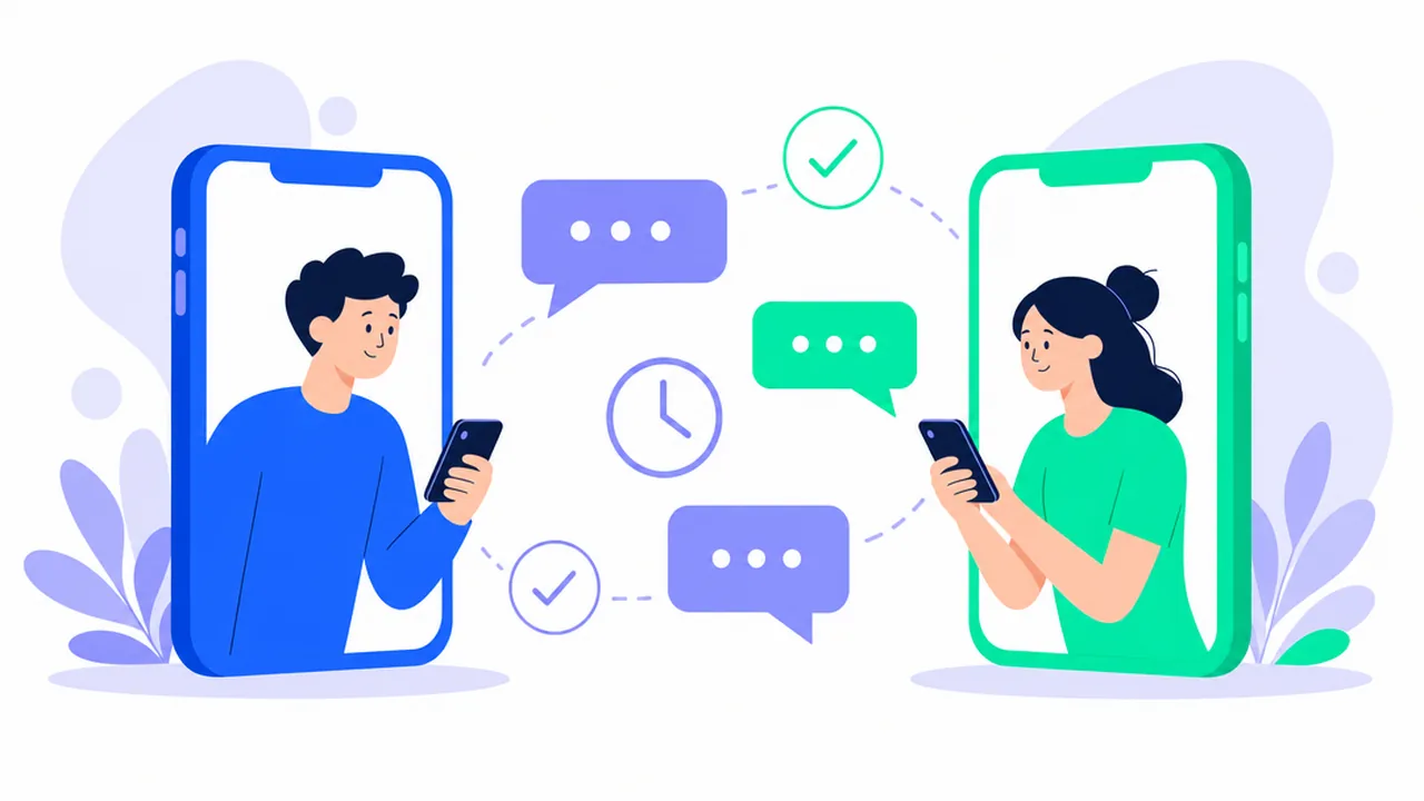 Two large phone screens face each other: a young man in blue on the left and a young woman in green on the right each hold a phone, with typing bubbles, check marks and a clock between them
