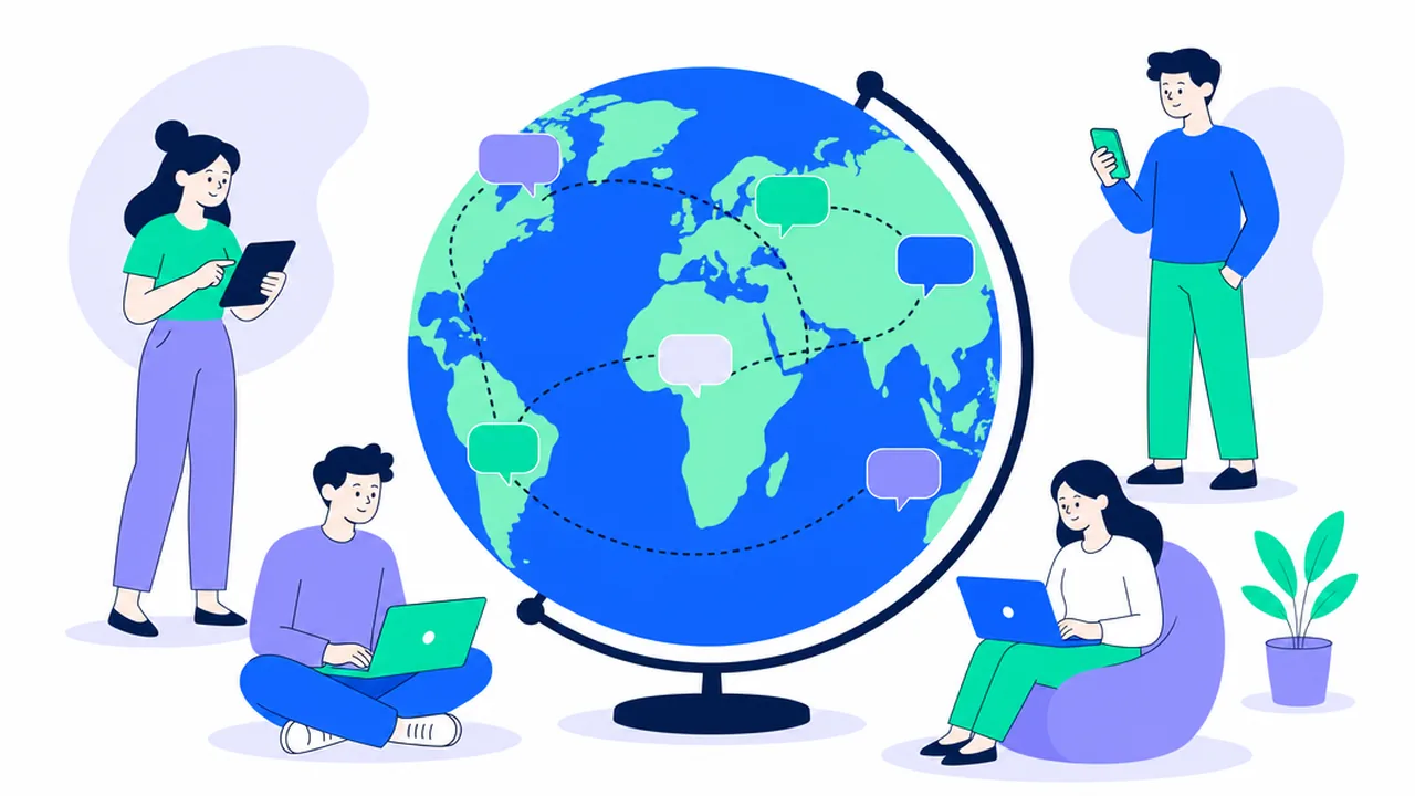A globe with dotted travel lines connecting small speech bubble shapes